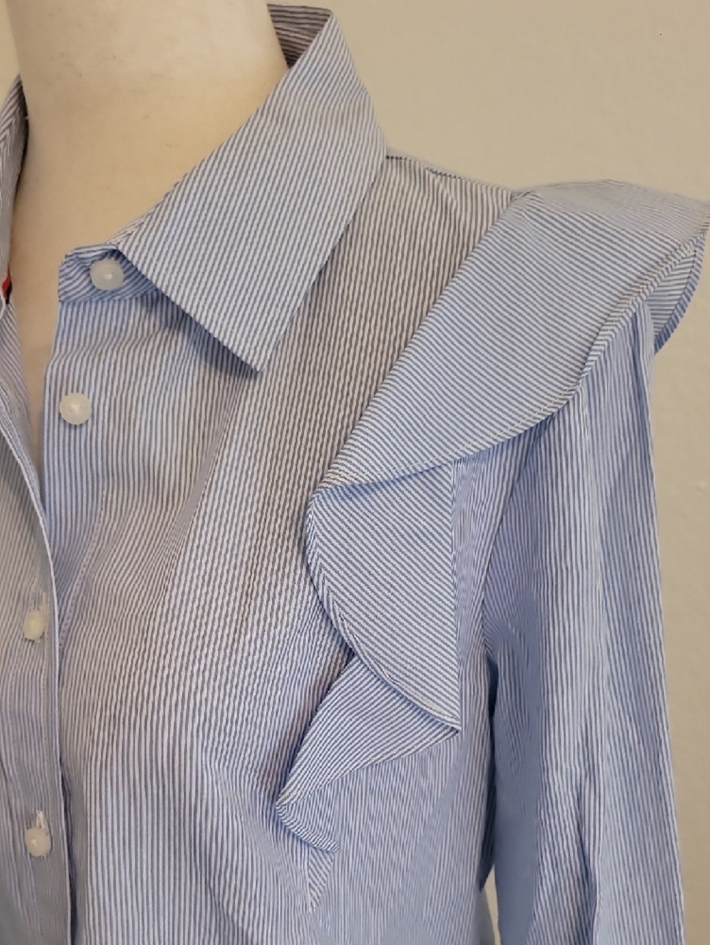 Tommy Hilfiger Light Blue & White Pinstripe Ruffle Button-Down Shirt - Picture 3 of 6